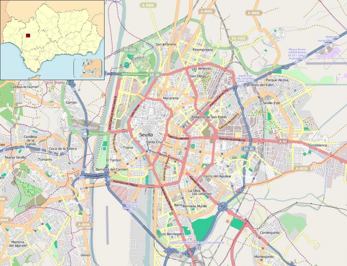 χάρτης της Σεβίλλης, ισπανία γειτονιές